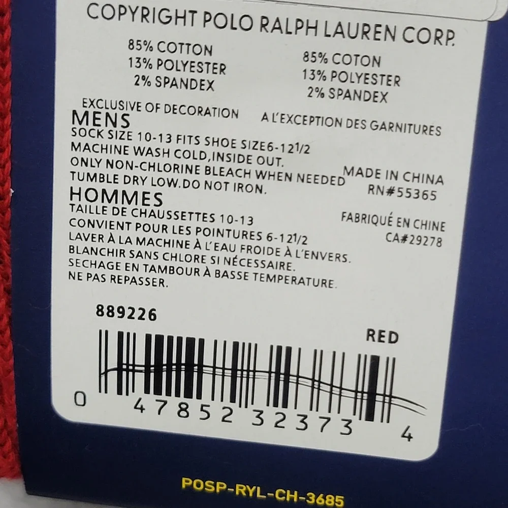 Polo Ralph Lauren Socks Mens 10-13 Red Blue Green Argyle Cotton Crew Pony